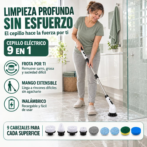 Cepillo eléctrico 9 en 1: limpieza profunda sin esfuerzo, mango extensible e inalámbrico